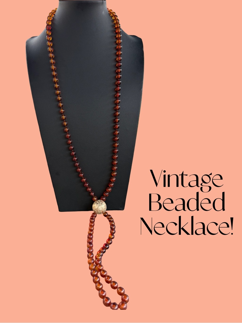 Vintage Amber-Tone Beaded Lariat Long Necklace